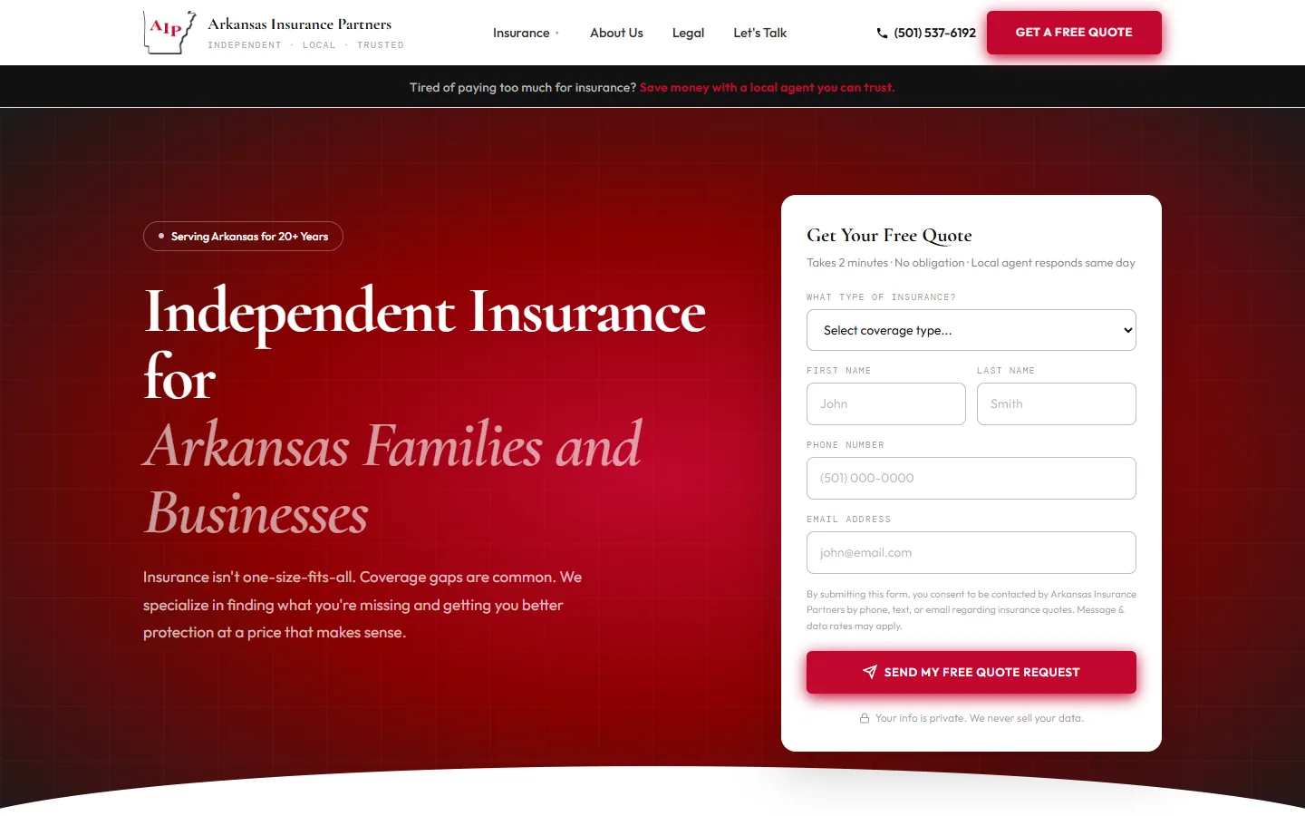 The Arkansas Insurance Partners home page, with a quote request beside the headline.