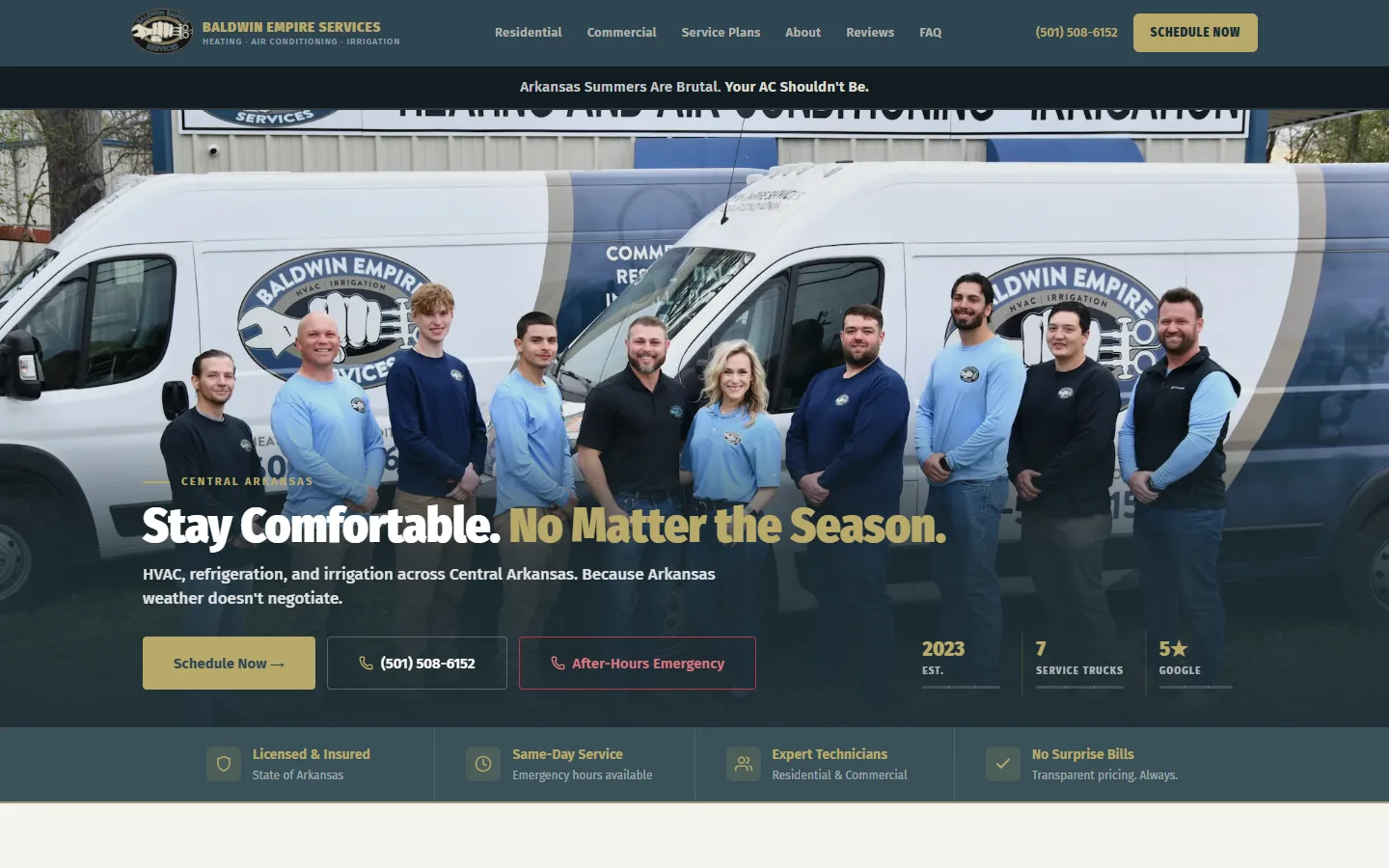 The Baldwin Empire Services home page, showing the crew in front of their service vans.