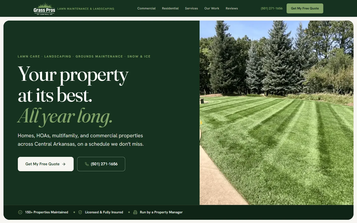 The Grass Pros of Central AR home page, showing a striped lawn beside the headline.